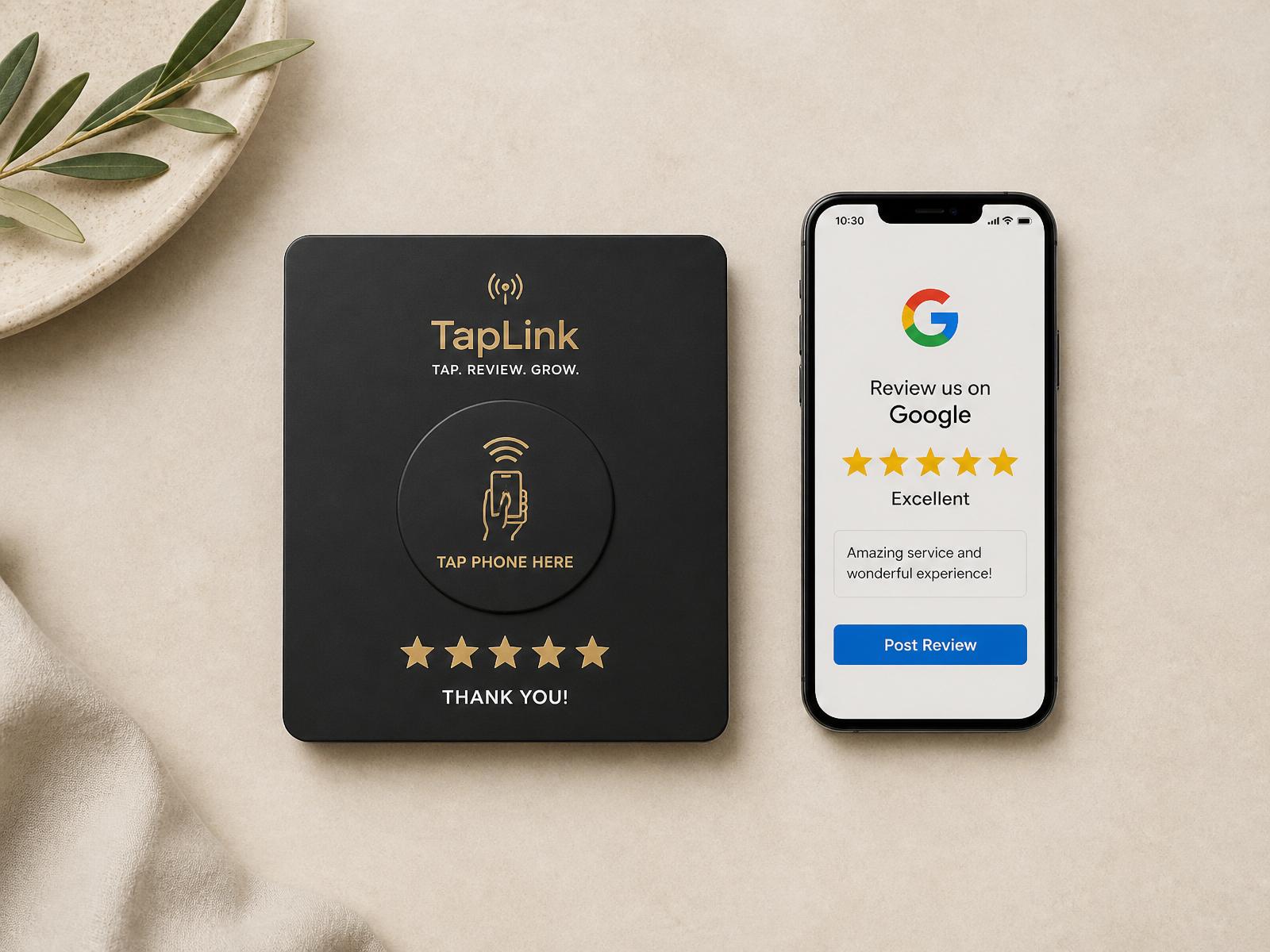 TapLink beside phone showing a Google review